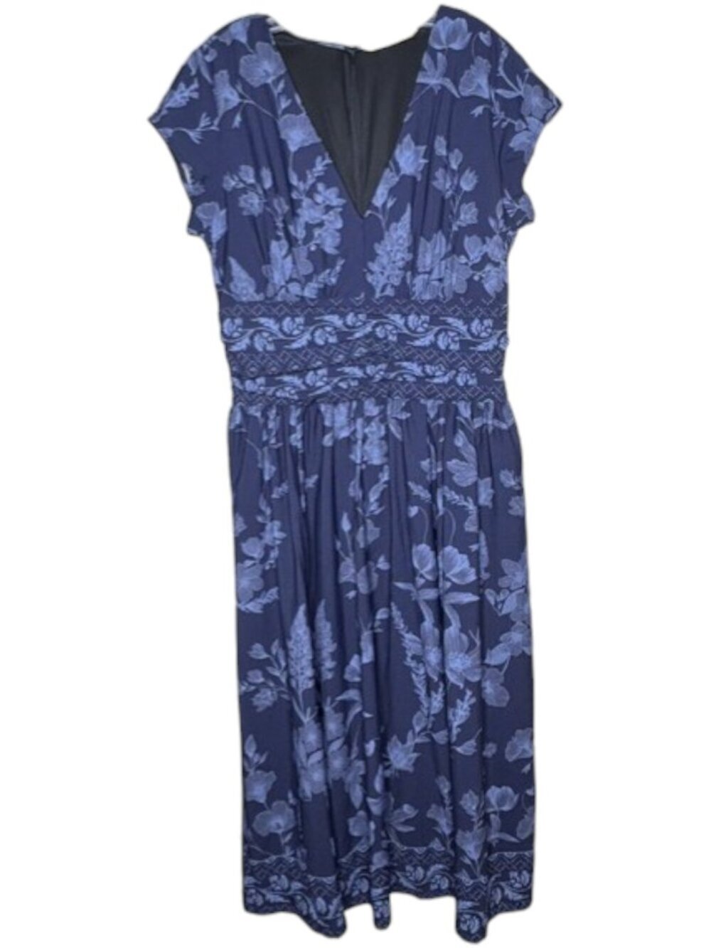 Wayward Fancies Floral Smocked Waist Dress Garden Party - Blue/Navy - XL18